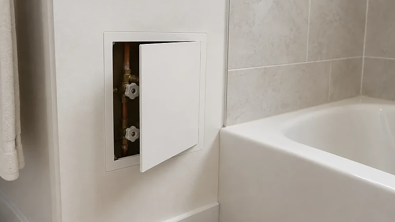Flush access panel set into finished drywall beside a tub
