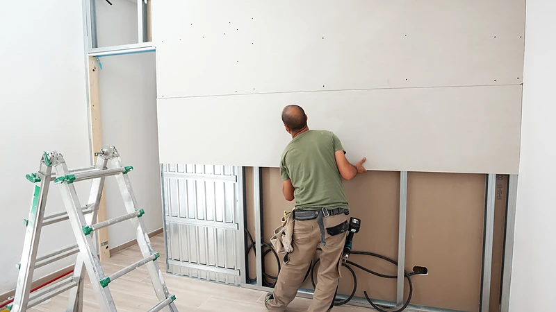 Installer hanging drywall on a newly framed partition wall