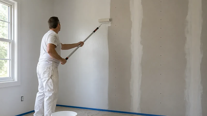 Rolling PVA primer over newly finished drywall before the finish paint coat