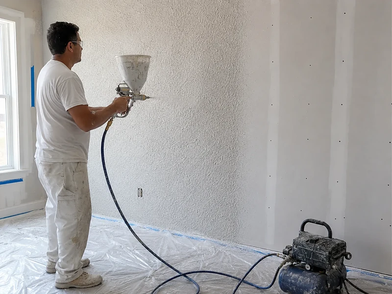 Spraying knockdown texture onto a finished drywall wall to match the surrounding surface