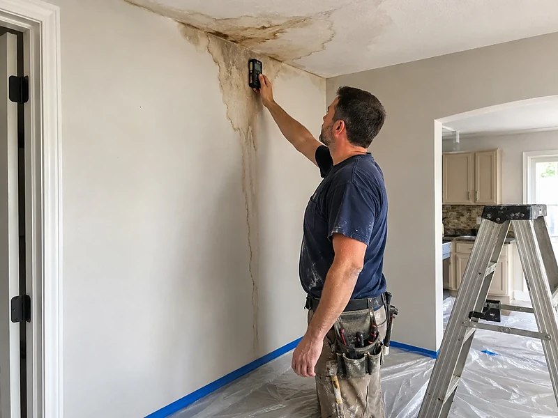Moisture meter reading a water-stained drywall ceiling and the crack running down the wall below it in a Spring, TX home